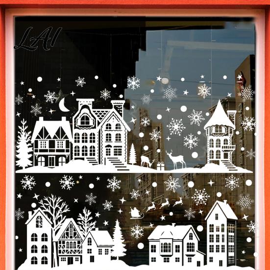 White Snowflake Elk Silhouette Stickers 2Pcs Christmas Town Static Glass Sticker Reusable Window Decal with Village Decoration Pattern Decorative
