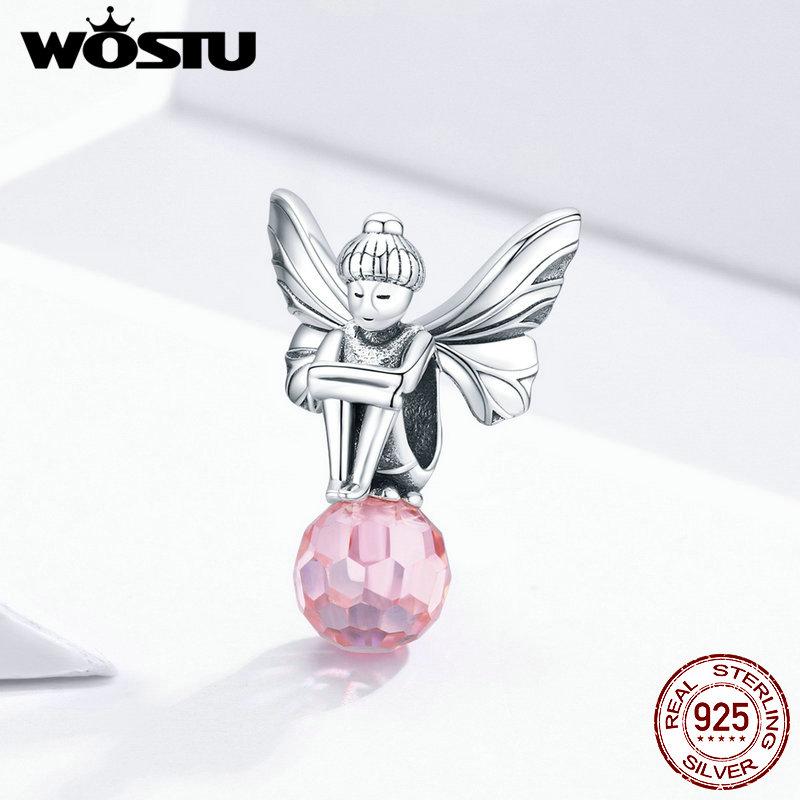 WOSTU 925 Sterling Silver Blue Pink Crystsal Charms Pendant Mermaid Angel Wing Flower Beads Fit Original Bracelets DIY Necklace