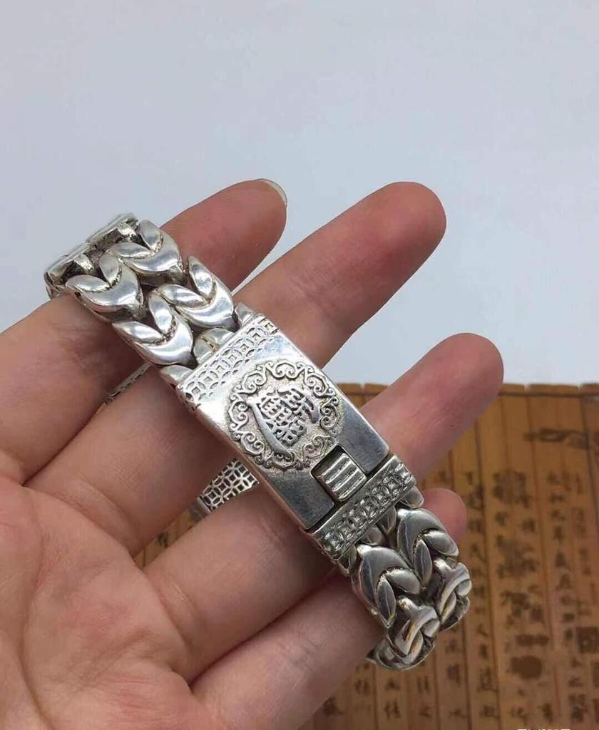 Азиатский китайский старый мяо серебряный ручной литой браслет-статуя драгоценный камень крутой подарок