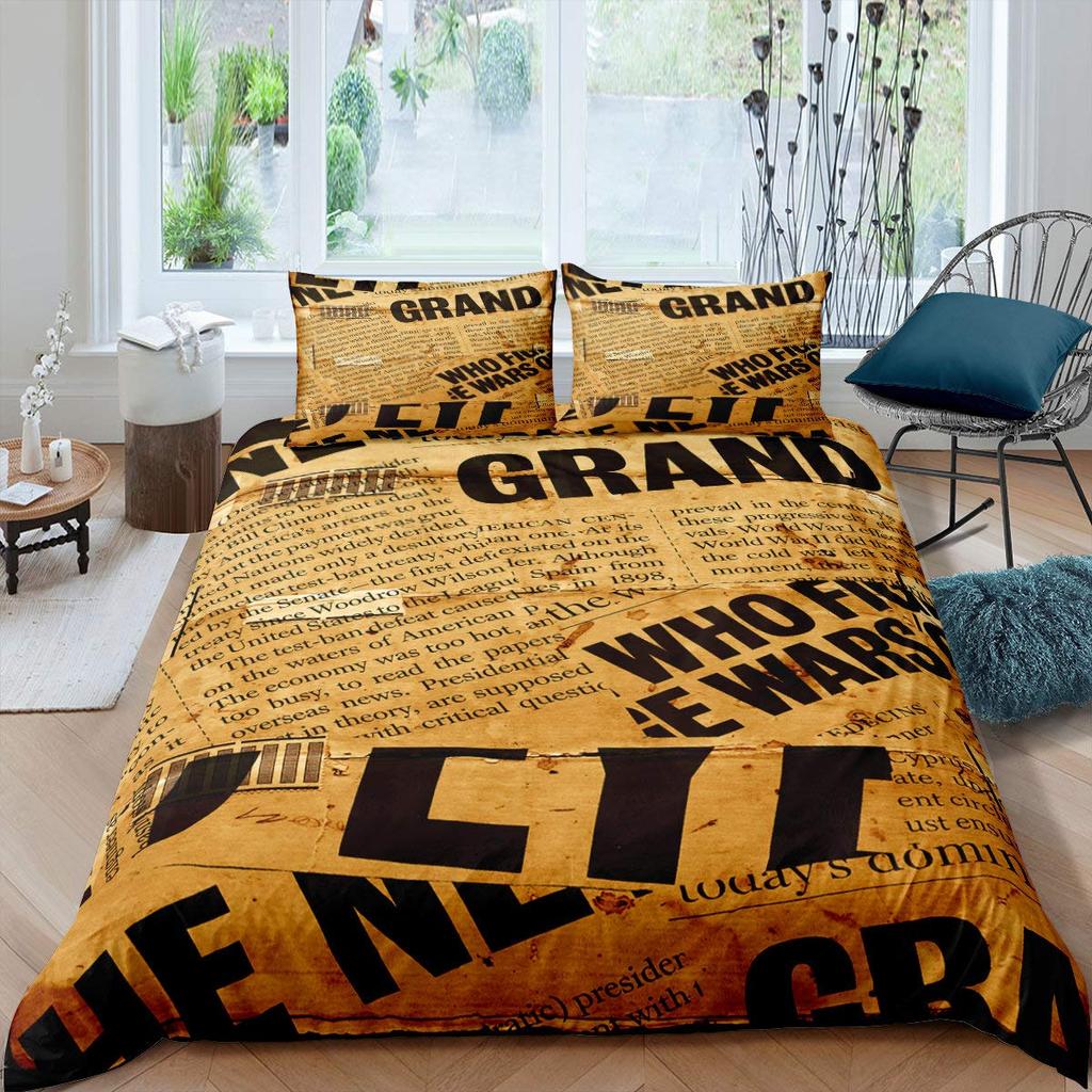 Old Newspaper Duvet Cover Set Vintage French Bedding Set Brown Quilt Cover For Kids Boys Girls Teens Polyester Comforter Cover