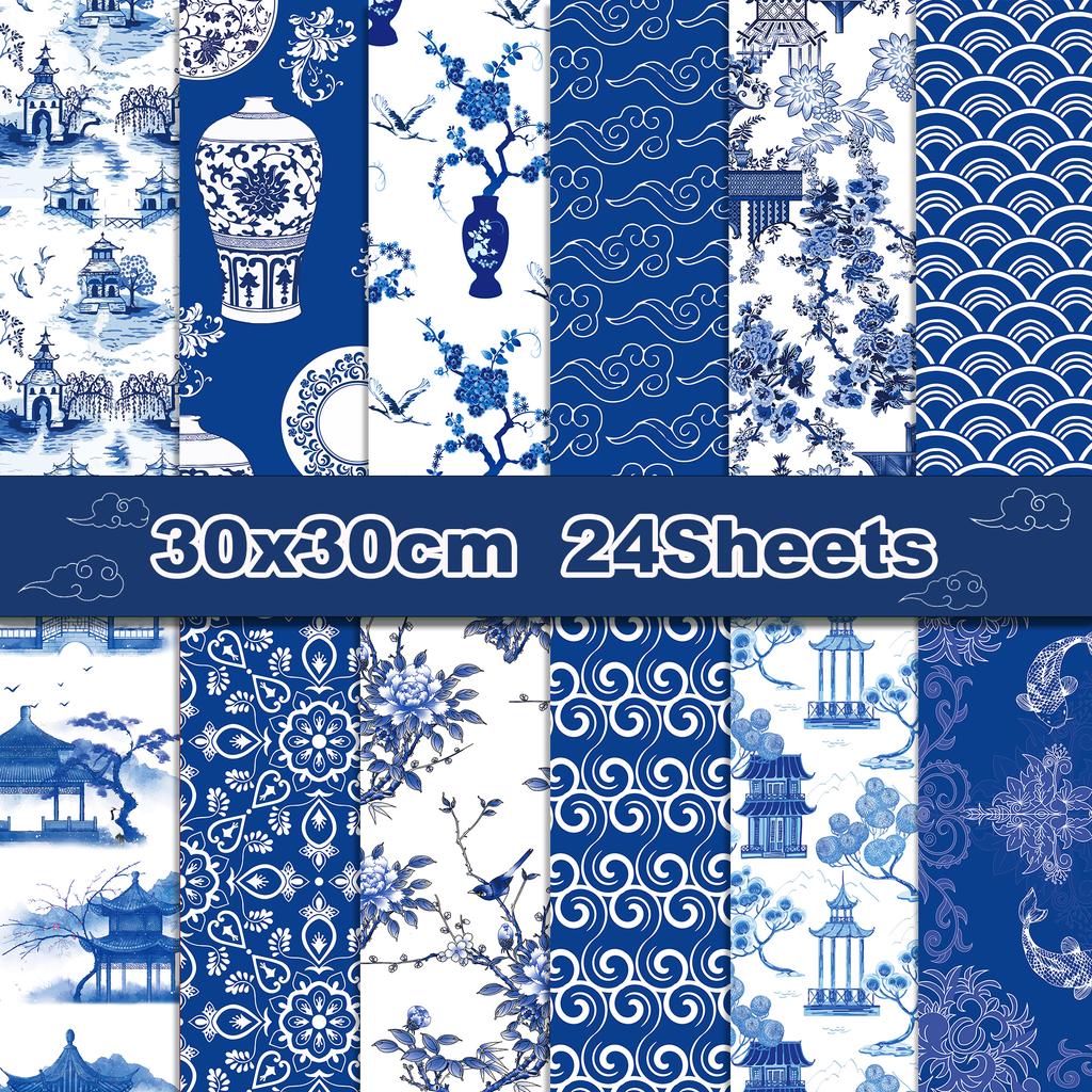 24pcs Blue White Porcelain Scrapbooking Material Paper Pads Vintage Chinese Ink Pattern Backdrop Decorative Origami Paper Crafts