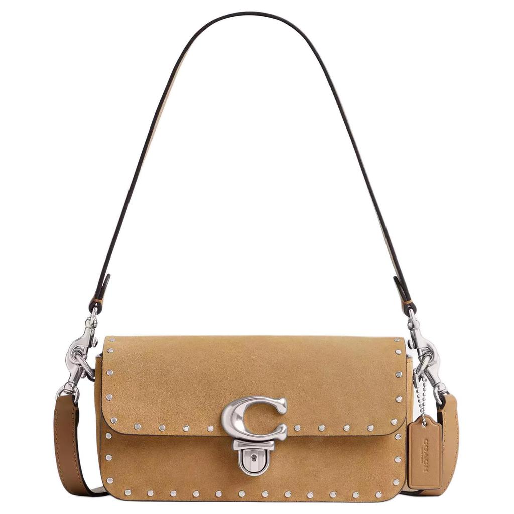Coach Baguette 20 Studded Suede Leather Trimmed Glove Tanned Leather Bag Women Shoulder Bag Earth-Yellow CU712-LHNM5