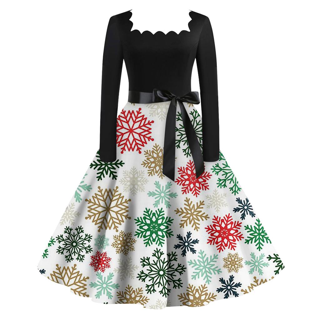 Women's Fashion Vintage Long Sleeve Square Neck Christmas Printed Evening Party Dresses Dresses