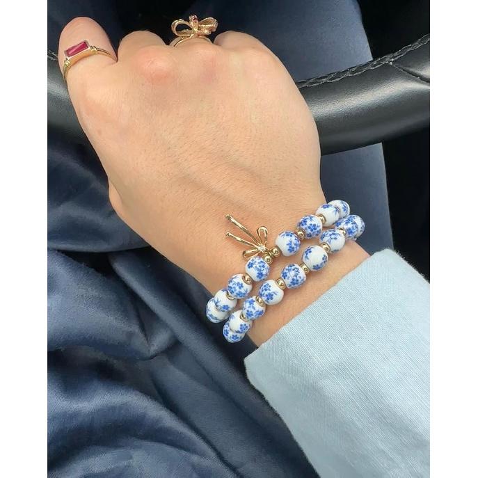 Beaded Bracelets for Women,Bow Charm Blue Flower Gold Plated Jewelry Women