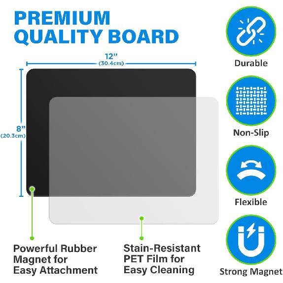Magnetic Black Dry Erase Board for Fridge (12 x 8 inch), Stain-Resistant w/ 3 Magnetic, Fine-Tip Neon Chalk Markers & Eraser by Yes4Quality