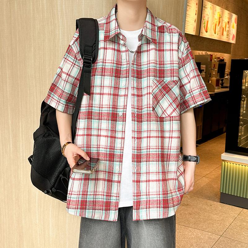 Vintage Check Pattern Shirt Men's Summer Short Plaid Shirt Boys Loose Large Size Trendy Brand Ruffian Handsome Youth Casual