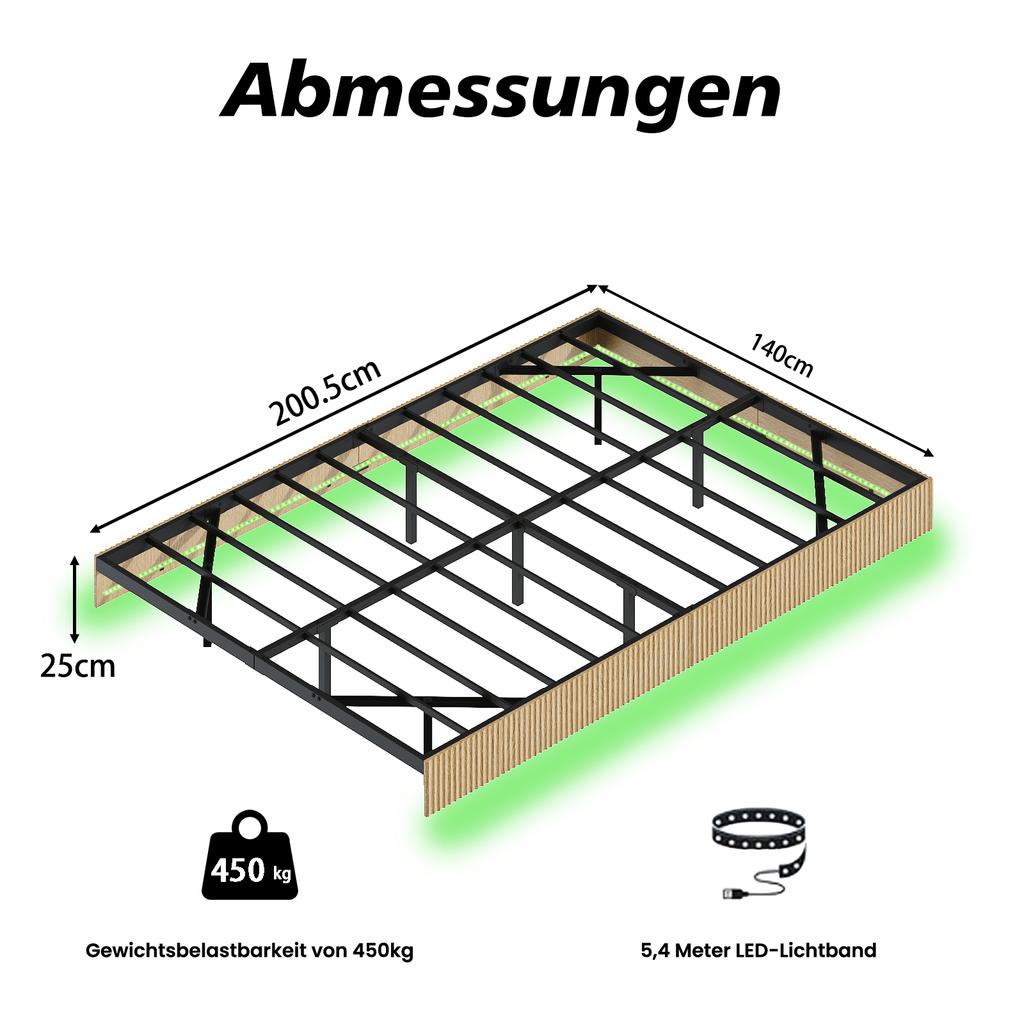 Modern Bed with Floating Design and Grooved Panelling, Equipped with Mood LED Lights and Reinforced Flat Iron Bed Frame-140 x 200 cm – Light Oak