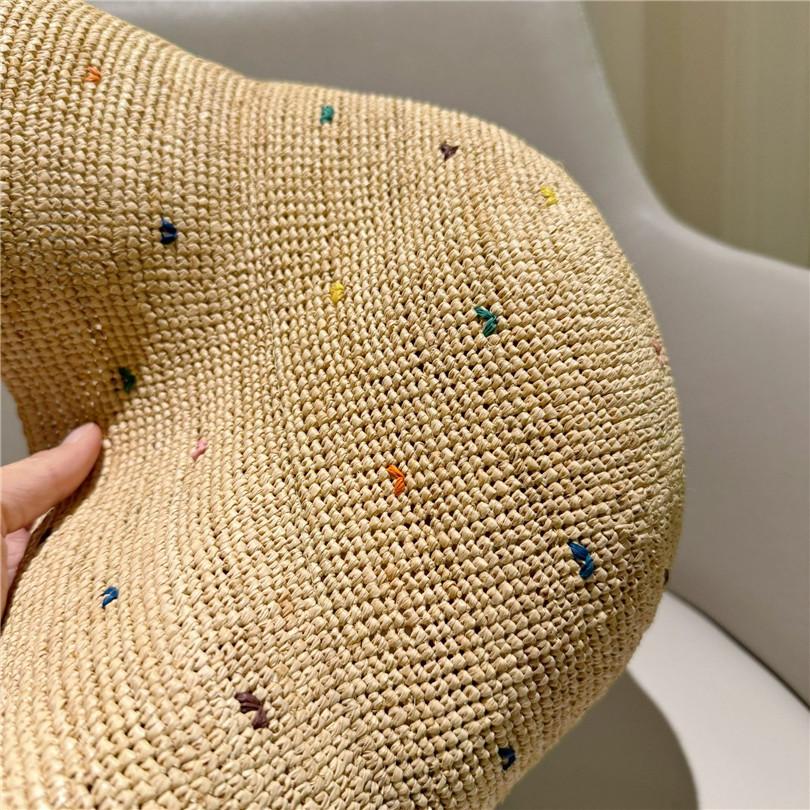Ins Chic Summer Colored Square Stitching Decorat Natural Raffia Grass Sunshade Lady Bucket Cap Women Leisure Hat