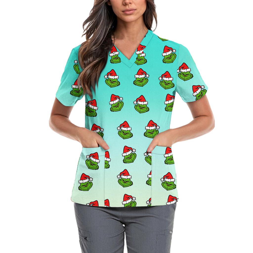 Женская милая блузка с принтом бантиков, рабочая одежда, V-образный вырез, двойной слой, карманы, базовая, с коротким рукавом, пуловер