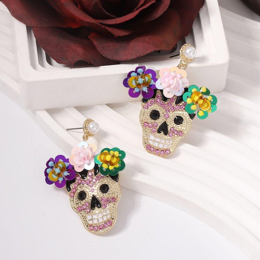 Personality Zircon Encrusted Skull Earrings Flower Glitter Skeleton Stud Earrings Girl