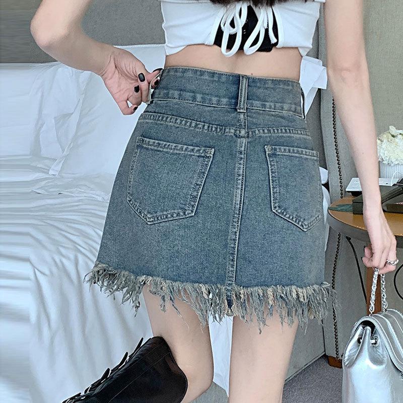 Classic Versatile Youthful Raw Edge Fringe Bustier Skirt Retro High Waist Casual Thin A-line Package Hip Ladies Summer Fashion Denim Short Skirt