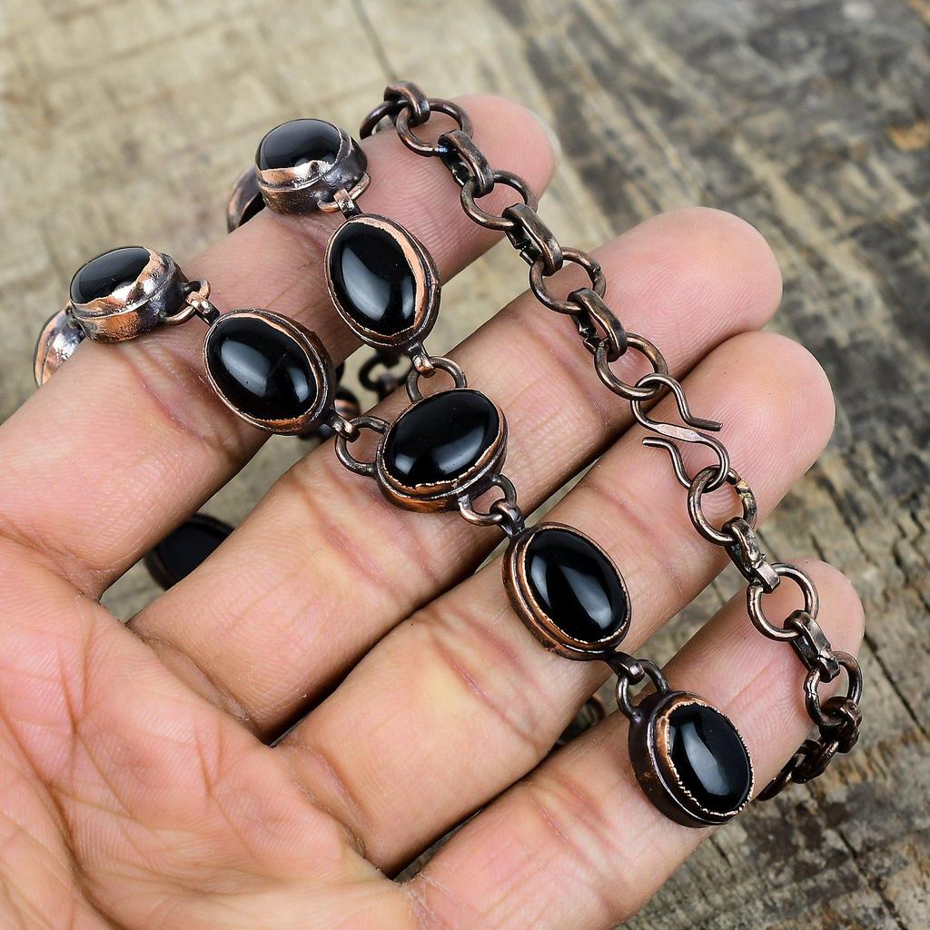 Ожерелье из черного оникса, ожерелье из электроформированной меди, ожерелье с регулируемой цепочкой, элегантные медные украшения, ожерелье из драгоценных камней ручной работы, свадебные подарки