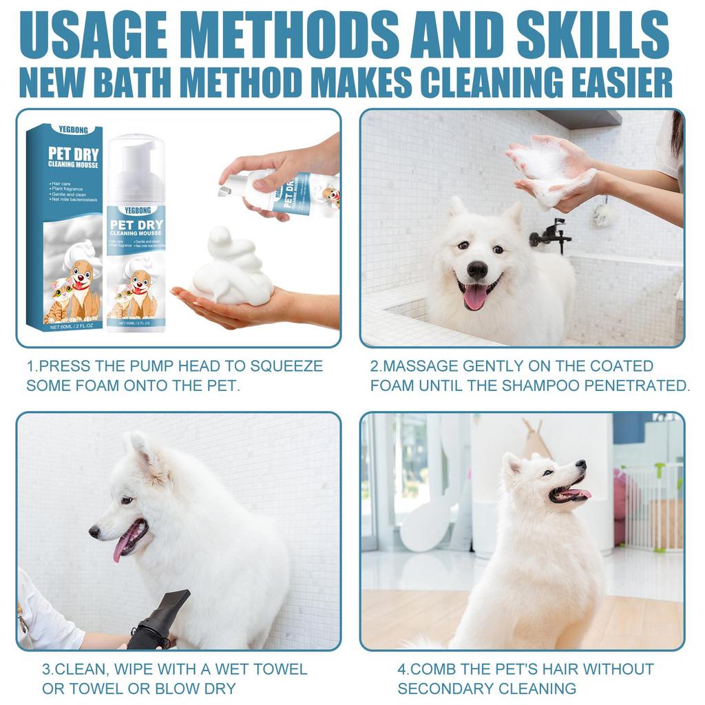 YEGBONG Pet Dry Shampoo and Bath Shampoo 60ml - No Water Needed for Cats and Dogs; Cleans, Removes Odors, and Softens Fur Mousse