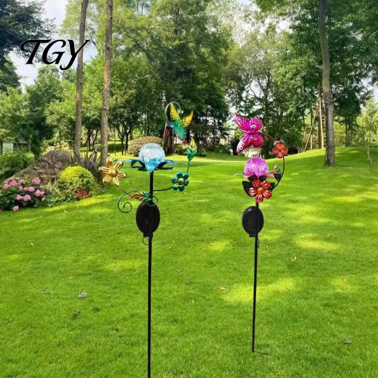 Outdoor Solar Garden Lights Glass Cracked Ball Light, Butterfly Hummingbird Metal Nature Inspired Accents Stake Waterproof Yard Lamp for Patio