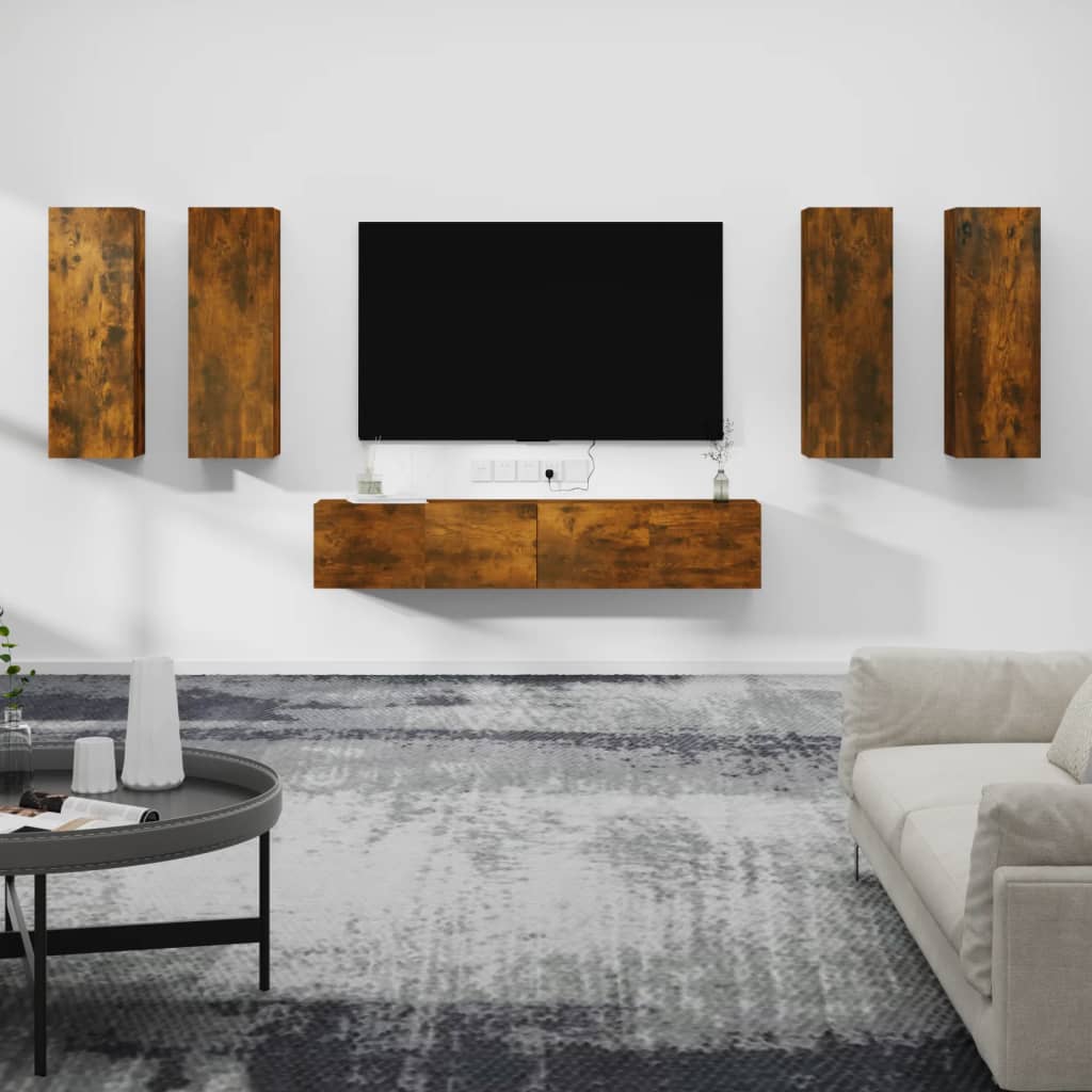 6 piece TV cabinet set smoked oak effect particleboard