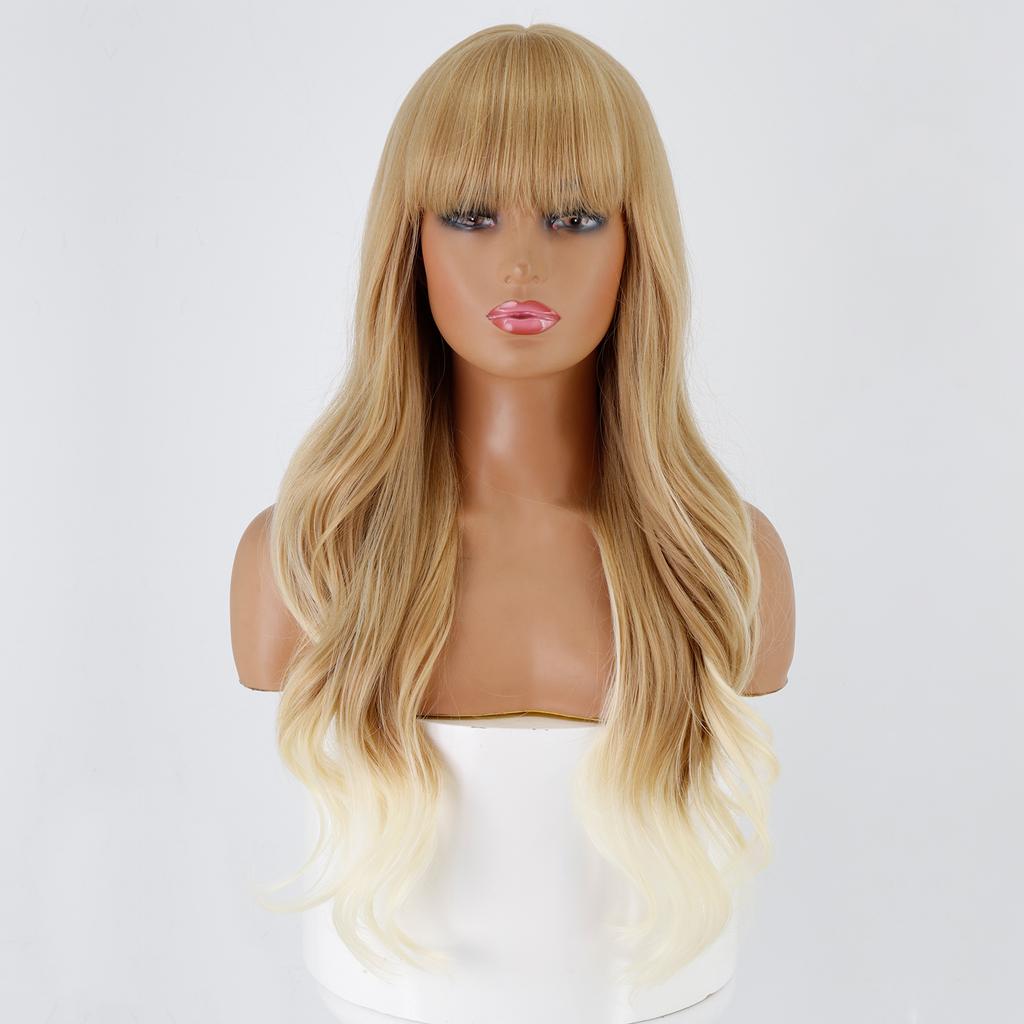 Женский длинный парик с волнистыми волосами с челкой Оранжевый Фиолетовый Коричневый Черный Золотой Жаростойкие синтетические парики Косплей Вечеринка Ежедневно Сью Шиньон