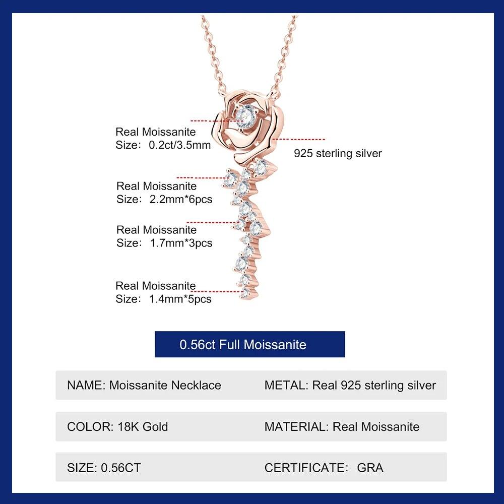 Ожерелье из розового золота с полным муассанитом, оригинальные сертифицированные позолоченные 18-каратной пробы серебро 925 пробы, колье-цепочки с цветком розы для женщин, ювелирные изделия GRA