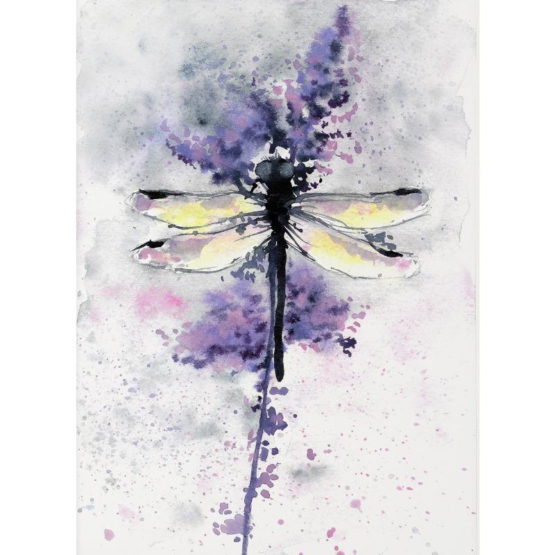Постер Акварель Стрекоза Цветы Лаванды Зеленый Ботанический Фиолетовый Цветочный Насекомое Холст Живопись Настенное Искусство для Комнаты Домашний Декор
