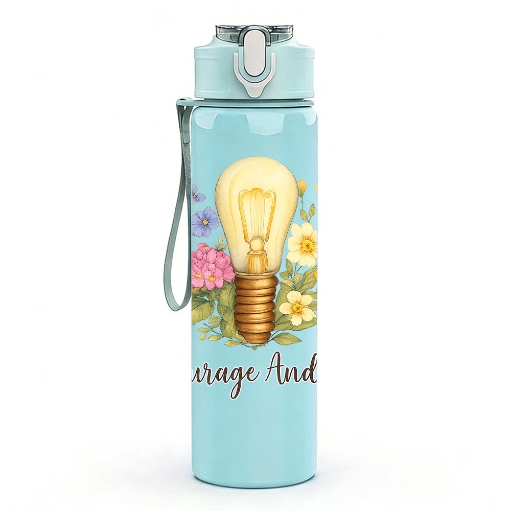 1PC Flower Light Bulb Quote Art 750ml Color Plastic Sports Water Bottle Leakproof Flip Straw Lid Suitable for Sports Office Home Use
