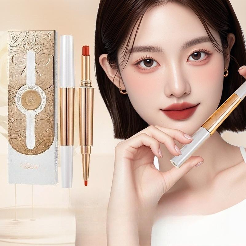 Губная помада с эфирным маслом розы, двухсторонняя, не выцветает, не оставляет следов на чашке, карандаш для губ, бархатно-матовая, освежает цвет лица, косметика для розовых губ