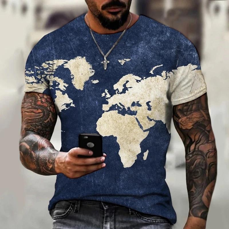 New Fashion World Map Printed Men's T-shirt Street Fashion Harajuku Round Neck Short Sleeve Comfortable Large Top