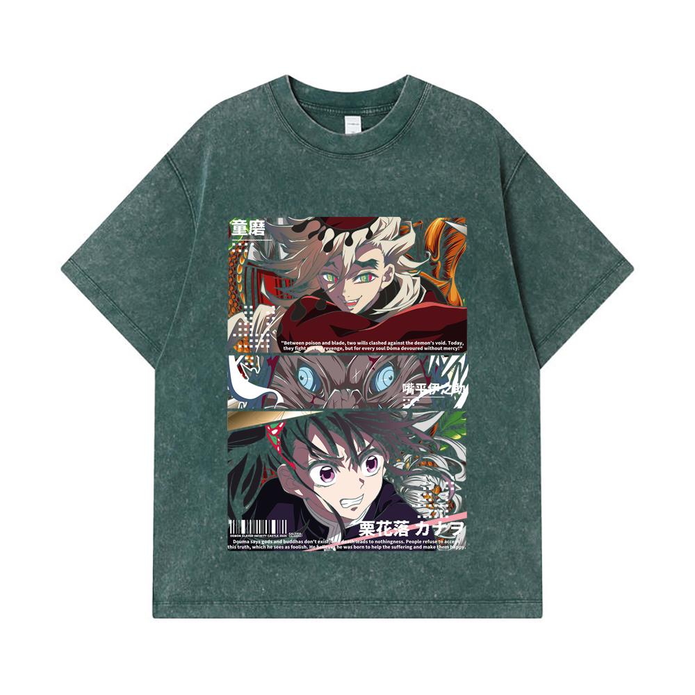275 GSM Washed T-shirts 100% Cotton Demon Slayer V30 Kanao x Doma Print Unisex Heavy Cotton T Shirt
