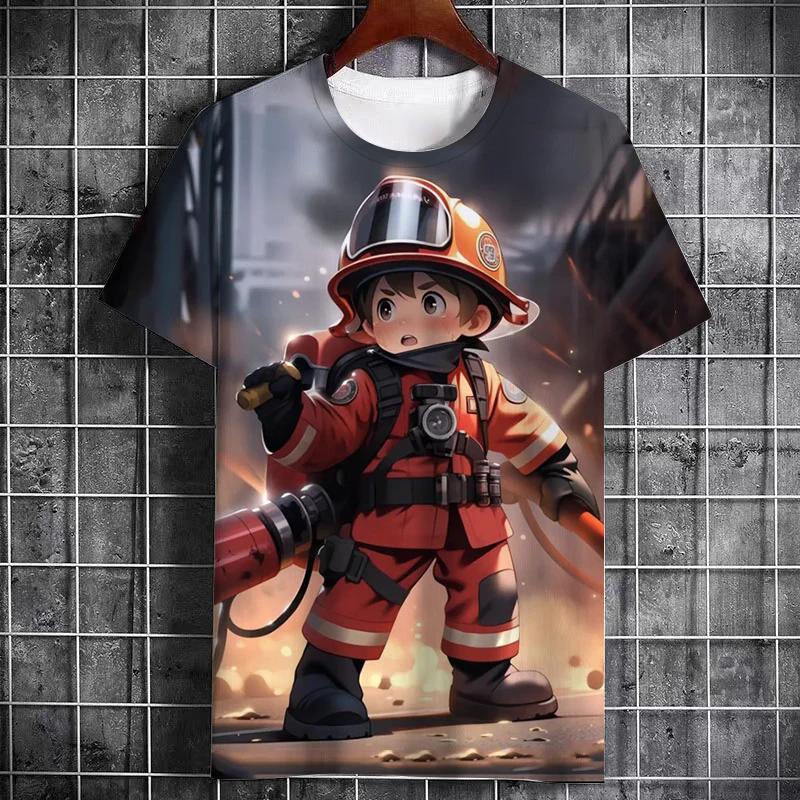 Новая летняя футболка для мальчиков с рисунком из мультфильма «Пожарный», с круглым вырезом, удобная повседневная модная, с коротким рукавом