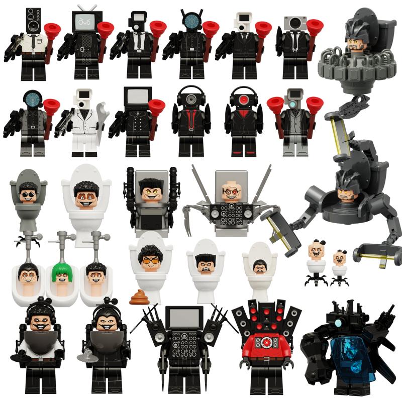 Юмористические фигурки из строительных блоков с персонажами на туалетную тематику и взаимозаменяемыми деталями