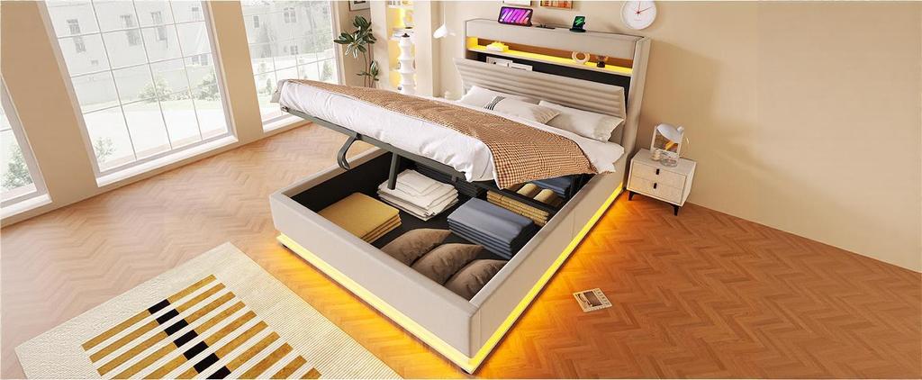 Upholstered Bed, 90x200cm, USB Type-C Charging, LED Lighting, Hydraulic Storage, Flip-top Compartment, No Mattress, Button/App Control, Linen, Beige