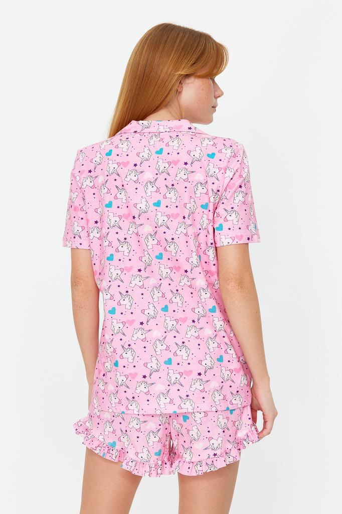 Women's Fashion New Pajama Set Pink 100% Cotton Fun Patterned Shirt-Shorts Knitted Pajama Set