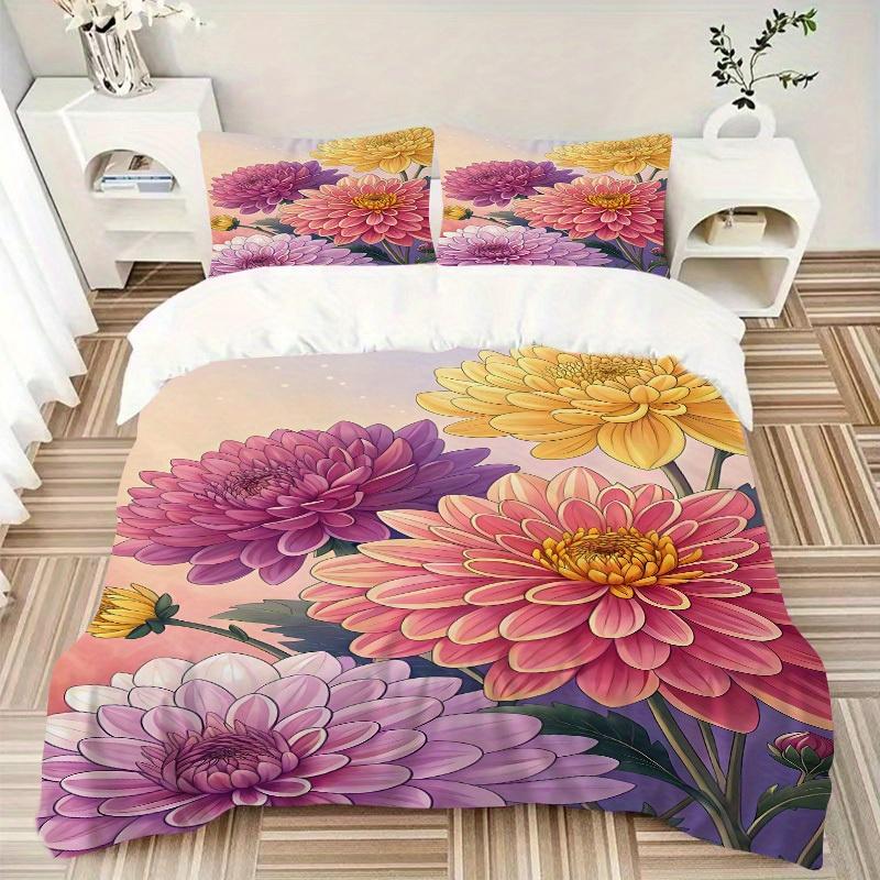 3Pcs Chrysanthemum Flowers Printed Bedding Set, Breathable And Soft,(Includes 1 Duvet Cover And 2 Pillowcases, Quilt Not Included) yy250815199
