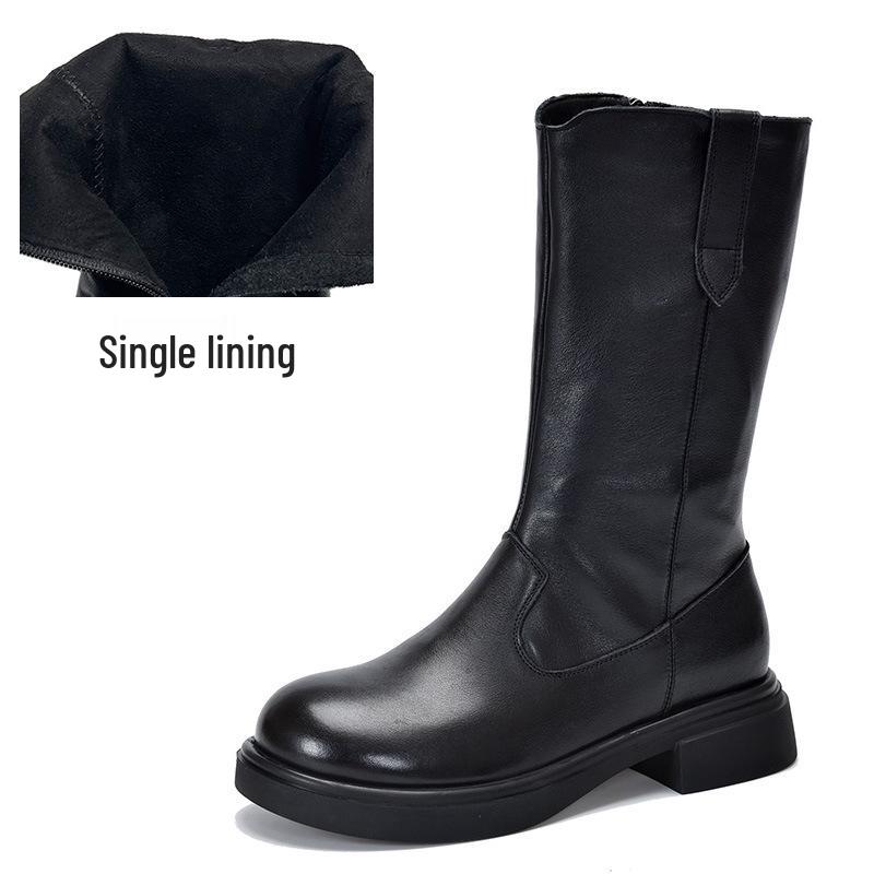 Ботинки-жокеи из натуральной кожи до середины икры с боковой молнией, женские ботинки на среднем каблуке из коровьей кожи с флисовой подкладкой, осень/зима 2025.