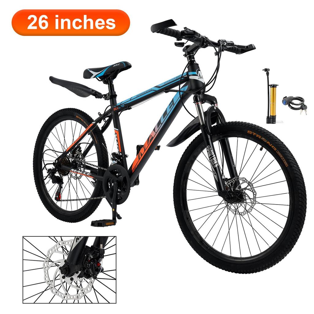 26" Spoke Wheel 24 Speed Mountain Bicycle Adult Bike MTB W/ Fender Blue+Orange