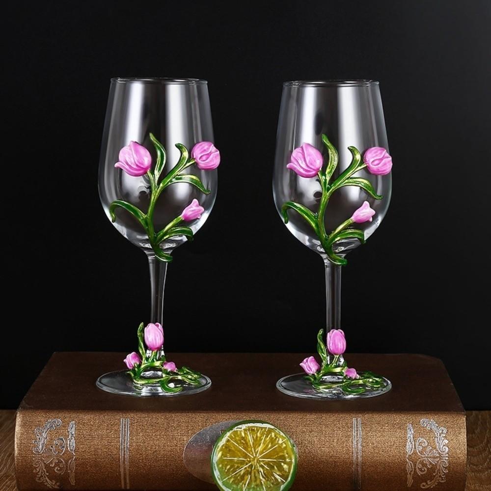 Tulip Floral Clear Stemmed Cup Transparent Embossed Cup Tulip Flower Wine Glass Table Decor