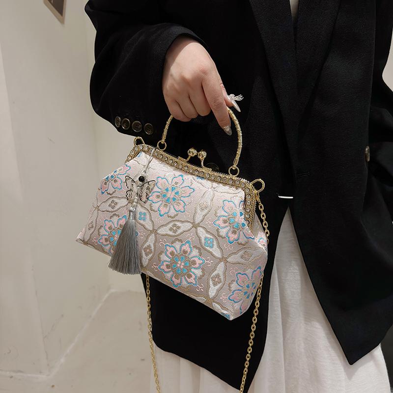 Цветочный клатч для женщин, дизайнерский замок-ракушка с зажимом, ручная работа, кисточки, блестящие сумки, цепочка, сумка-мессенджер на плечо