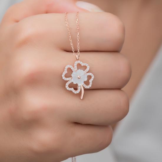 White Sterling Silver Rose Clover Model Magnolia Flower Necklace