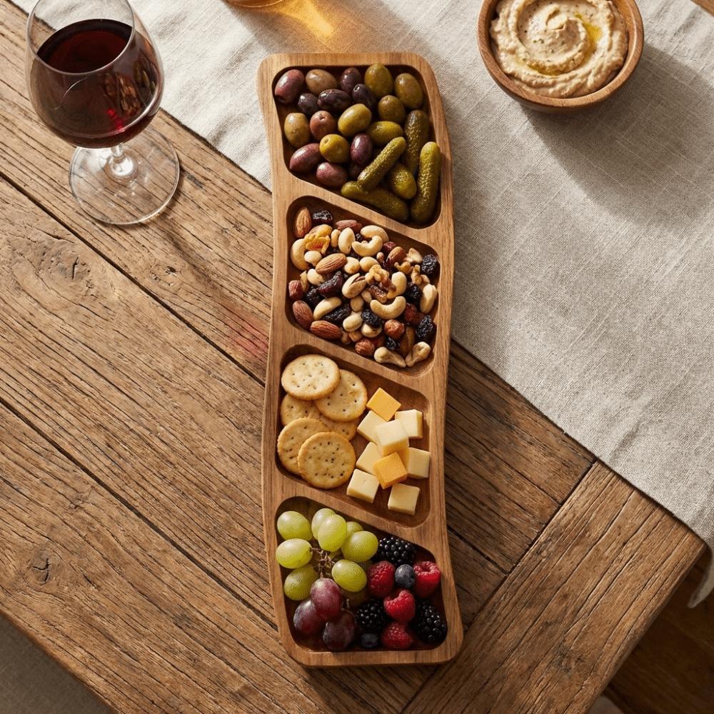 Portable Wooden Snack Tray 3/4 Compartments Nut Platter Snack Shallow Plate Holiday Party
