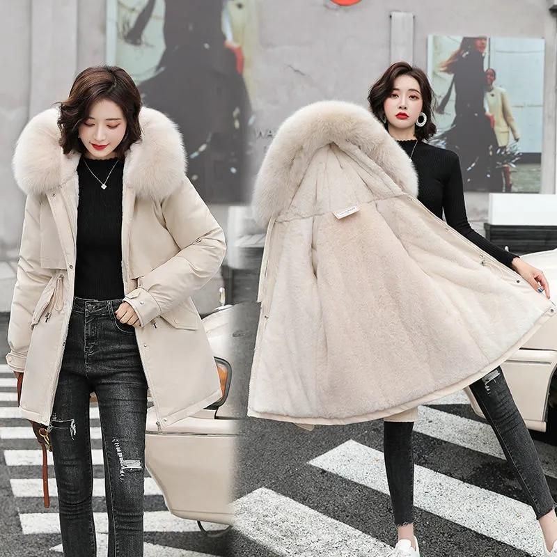 Women's Winter Plus Velvet Jacket Mid-length Korean Version of The Loose Big Fur Collar Fashion Thick Cotton Jacket