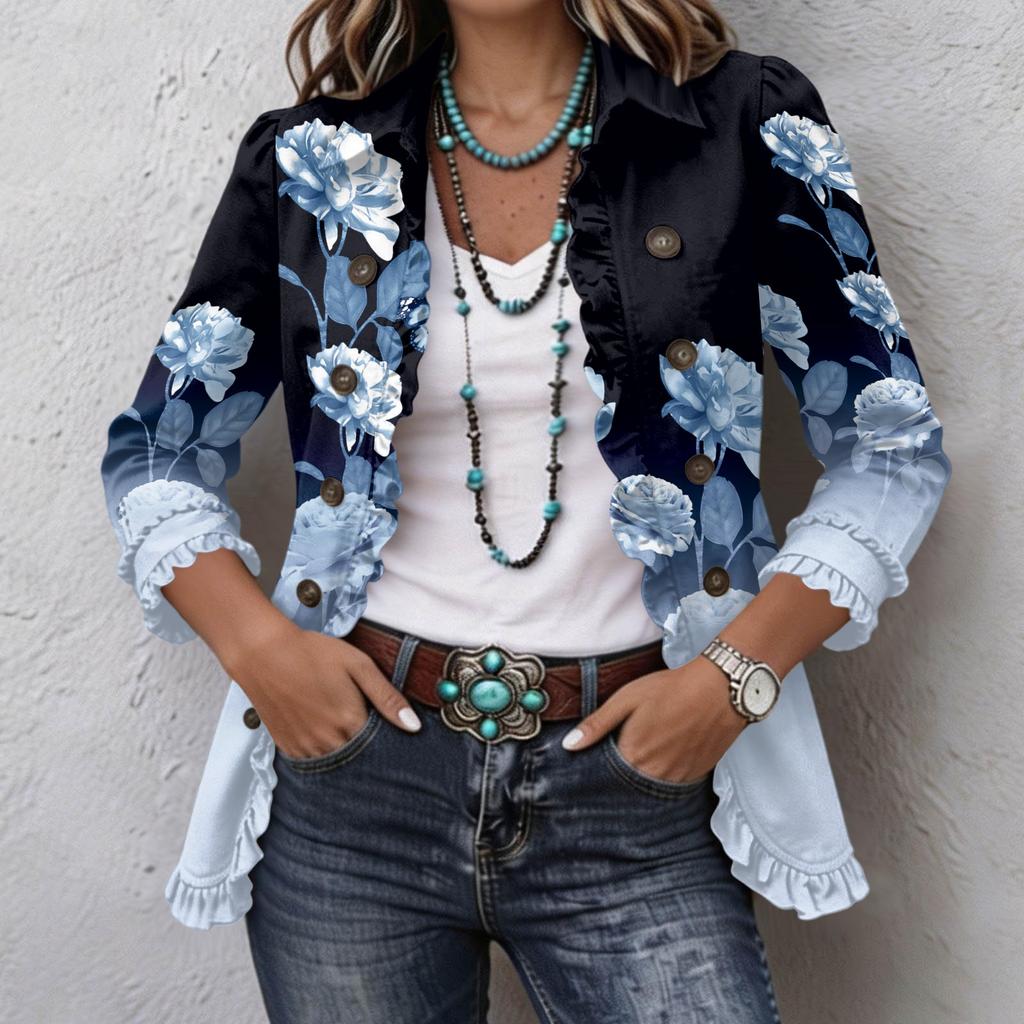 Women's Casual Floral Print Long Sleeve Ruffle Button-Down Shirt Jacket for Spring and Fall