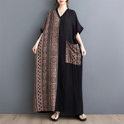 Реальное лето Новое литературное Большой размер Свободное Принт V-образный вырез Короткий рукав Платье Женское Длинное платье