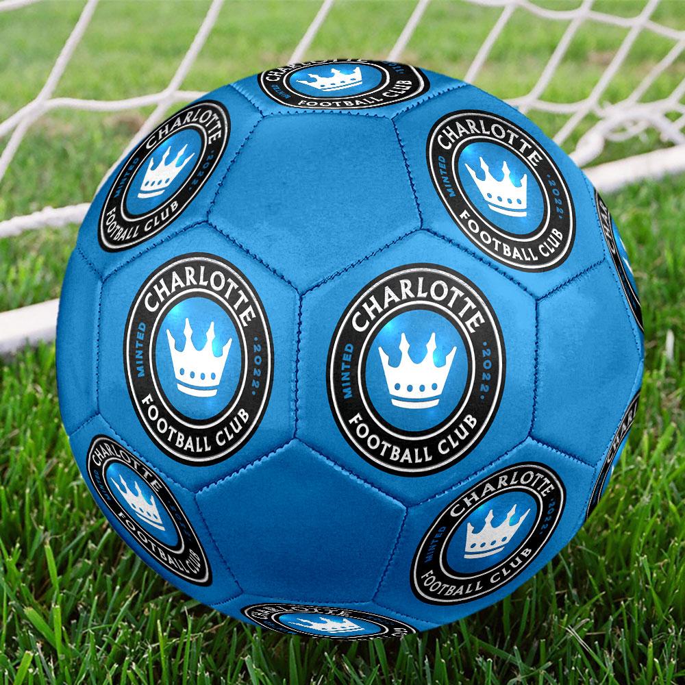 Charlotte FC Size 5 Soccer Ball, Machine-Stitched PVC, Durable & High Bounce, All Ages Fit, fan merchandise, matches & outdoor use.