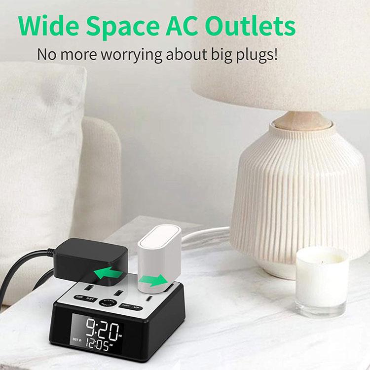 Smart Loud Hotel Best Desk Digital Alarm Clock and Charging Station With Usb a and C Charger AcOutlets for Heavy Sleepers