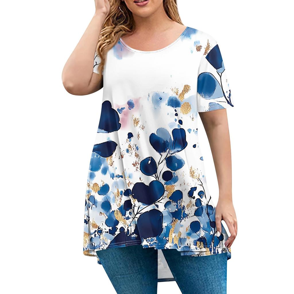Женская мода большого размера с круглым вырезом и коротким рукавом, повседневный свободный пуловер с принтом