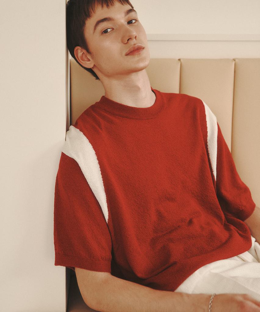 KNITTED Summer Varsity Short Sleeve Knit Tee Red