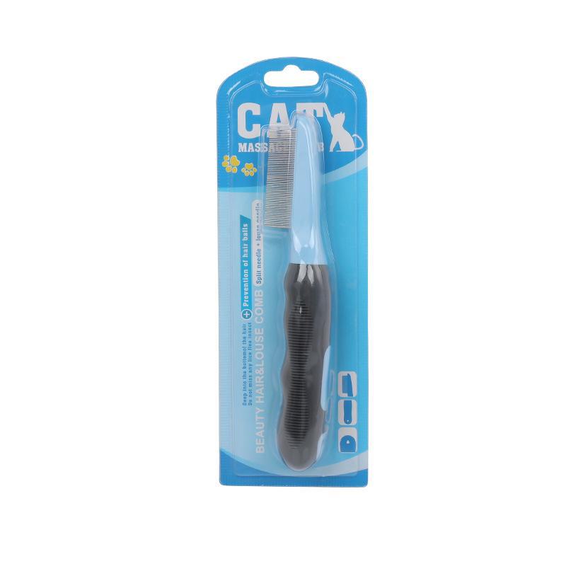 Pet Products Blue & Black Series: Massage Brush, Hair Detangling Comb, Rake Comb, Flea Comb.