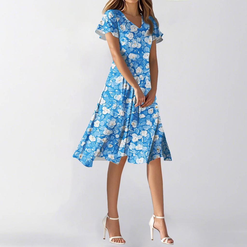 Women's Summer Casual Fashion Flower Print Dress V Neck Short Sleeve Short Skirt