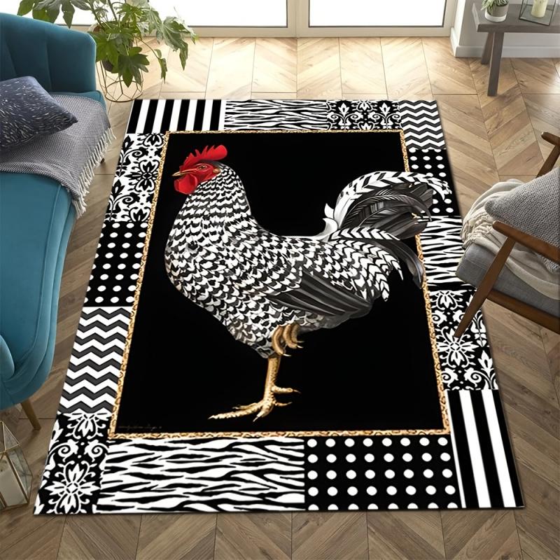 VIKAMA Black And White Chicken Print Rug Soft And Comfortable Living Room And Bedroom Decorative Rug Home Decoration