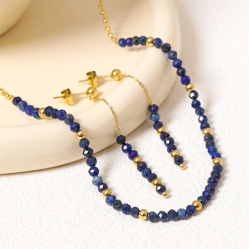 European and American Retro Natural Stone Fringed Earrings Stainless Steel Studs Lapis Lazuli Collarbone Chain Beaded Necklace