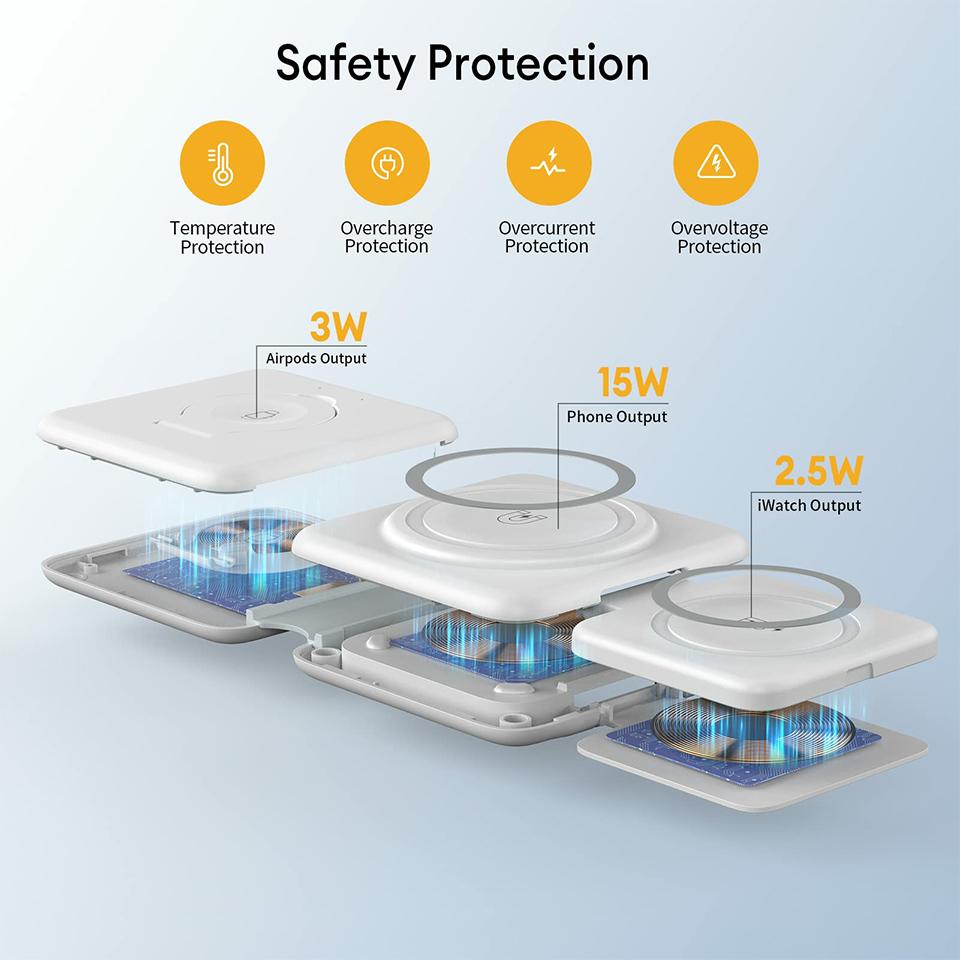 W-126 3 In 1 Wireless Magnetic Charging Station Phone Charging Pad Foldable Watch Earphone Charger