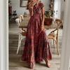 Bohemian Style V-Neck Waist-Fitted Floral Dress with Big Swoop European Fashion Dresses for Women